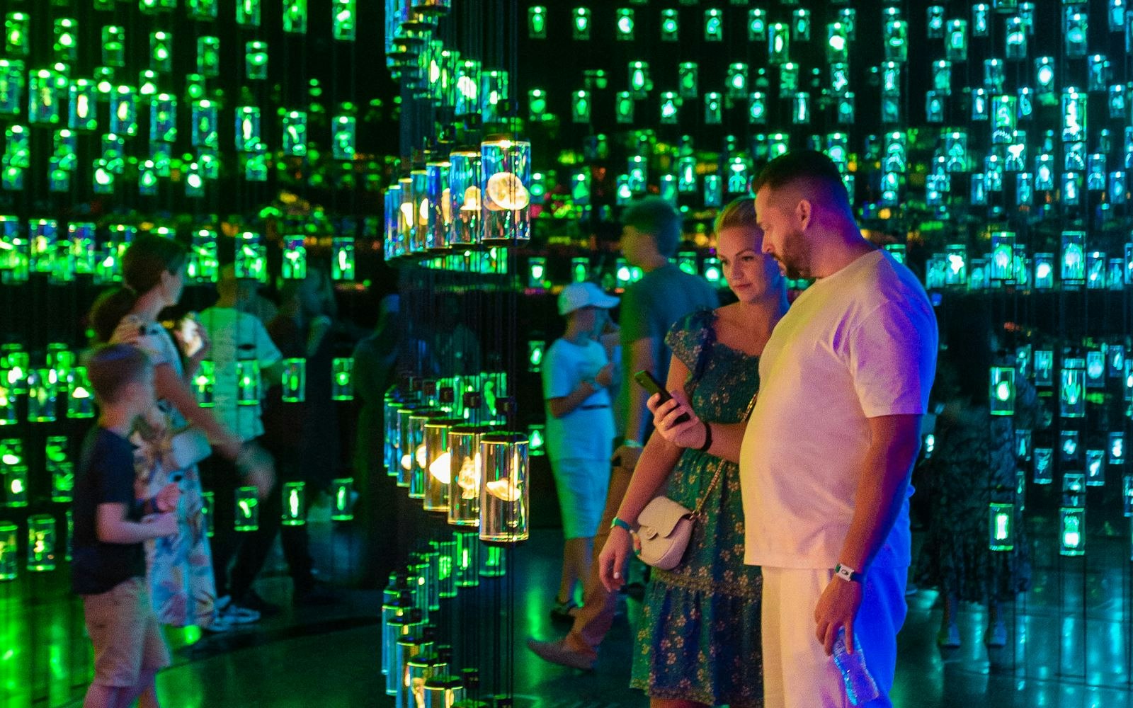 Vibrant display inside futuristic museum.